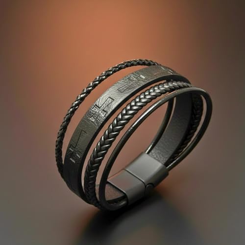 Image of THE MEN THING Leather Bracelet for Men - American Style Genuine Leather Multi-Layer Braided Bracelet with 100% Stainless Steel Magnetic Buckle for Men & Boys (8 inch)