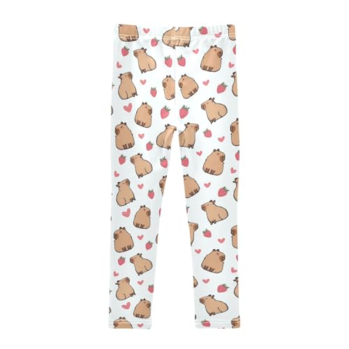 Cute Capybara with Strawberry Hearts Girls Leggings Soft Comfortable Athletic Leggings Dancing Pants for 4-10 Years2