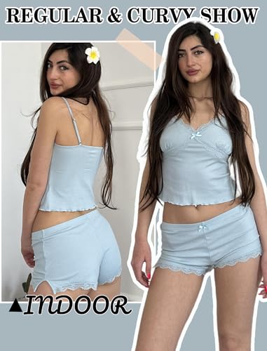 Image of Avidlove Women's Soft Ribbed Knit Cami Pajama Set Sexy V Neck Lace Trim Sleepwear Side Slit Shorts Lingerie Nightwear