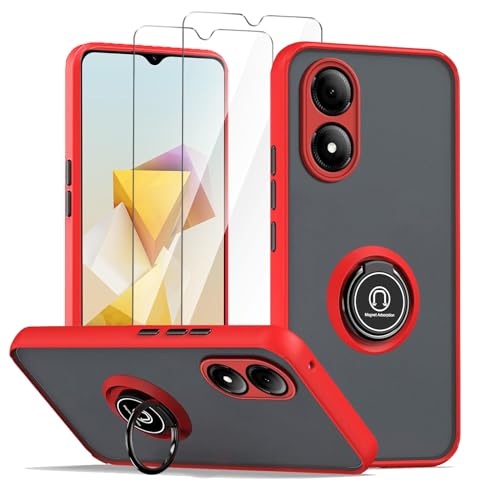 LYZXMY Funda para ZTE Blade A33s Rojo con Soporte de Anillo+2 x Protector de Pantalla de Vidrio Templado,PC +TPU A Prueba de Golpes Anti arañazos Funda del teléfono Cubierta