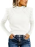 Saodimallsu Womens Cable Knit Sweaters Mock Neck Fringe Fitted Long Sleeve Boho Trendy Pullover Tops White