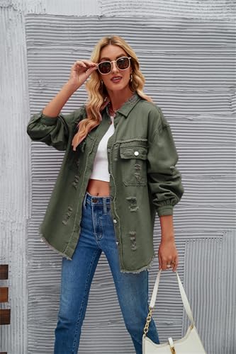 Cicilin Jaqueta jeans feminina casual de botão grande, manga comprida, bainha desgastada, jaqueta mo