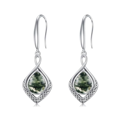 PELOVNY Celtic Knot Earrings 925 Sterling Silver Moss Agate Teardrop Dangle Earrings Irish Celtic Jewelry Gifts for Women