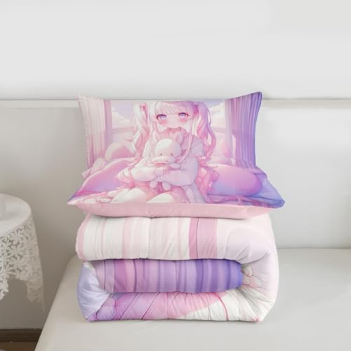 Image of Erosebridal Romance Girly Comforter Set for Kids Boys Girls Anime Girl Bedding Japanese Girl Duvet Set Cute Cartoon Bear Comforter Queen with 2 Pillowcases