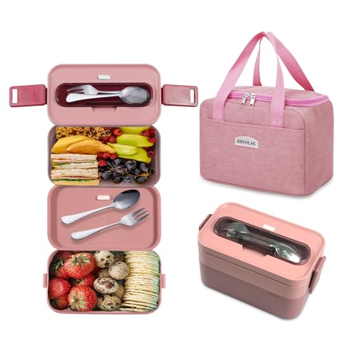Resszo Bento Lunch Box Kit, 1600 ml Double Couche Boite Repas avec Couverts + Sac Isolant, Anti Fuite Bento Box pour Pique-Nique, Travail, Goûter, Boîte à Lunch Micro...