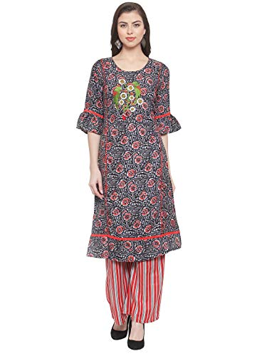 Aujjessa Women's Rayon Embroidered Kurta with Palazzo Set (Black::Red)