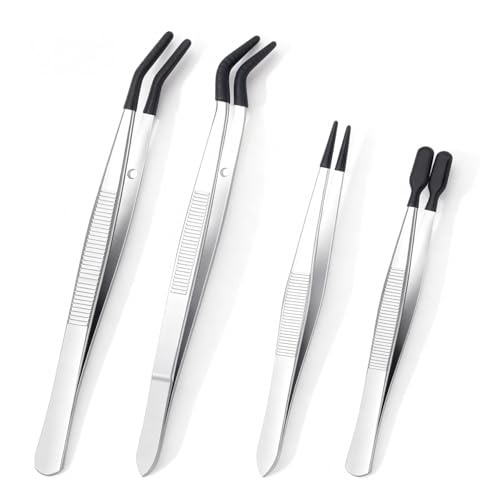 4 Pcs Rubber Tip Tweezers Set Non-Scratch PVC Coated Tips - Fine Point Flat & Bent Head Tweezers for Crafts Jewelry Making Electronics Eyelash Extensions