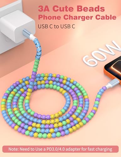 Image of USB C to USB C Cable 3FT,60W Beaded Charger Cord Fast Charging for iPhone 17 16 15 Pro Max /iPad Pro Air 11th /for Samsung S26 S25 S24 Ultra S23 A16 A17 /Android Phone Charger Cute Girls Women,BlueYellow