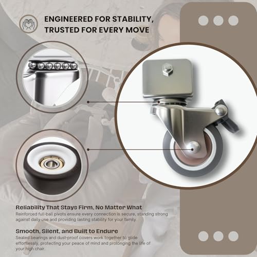Image of 4-Pack Heavy-Duty Wheels Compatible with Stokke Tripp Trapp High Chair - 2-Inch Silent Casters with Chrome-Plated Steel Brackets, 360 Rotation, No-Scratch Design, Supports 176 lbs (1 STE)