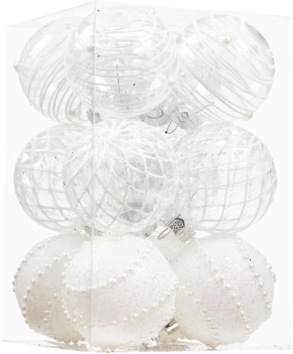 12CT Christmas Ball Ornaments White Shatterproof Clear Large Plastic Christmas Tree Decoration, Delicate Hanging Ornaments for Xmas Party, Wedding, Holiday and Home Décor(70mm/2.76")