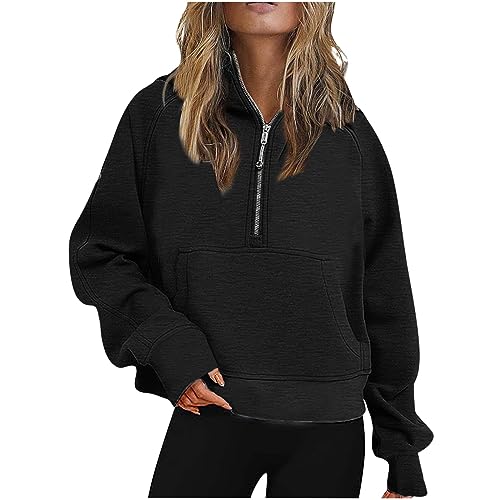 KSODFNXH Sweatshirt for Women Solid Color Half Zip Casual Pullover Lapel Tops Fall Comfy Long Sleeve Hoodies with Pockets