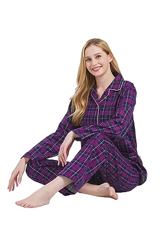 Image of GLOBAL Women's Flannel Pajamas Set 100% Cotton PJs for Women Long Sleeve Button Drawstring Waist Warm Loungewear Sleepwear