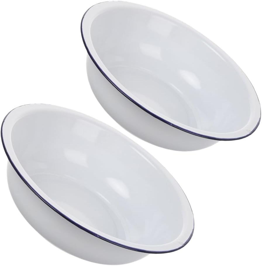 2pcs Vintage Enameled Mixing Bowl White Enamelware Basins for Home Kitchen for Washing Vegetables Soup Preparation