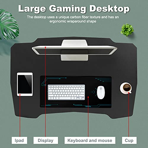 Image of BestOffice Gmaing Desk 35.4in PC Computer Desk, Blue Ergonomic Gaming Table Z Shaped Gaming Workstation with Headphone Hook for Home Office,Blue