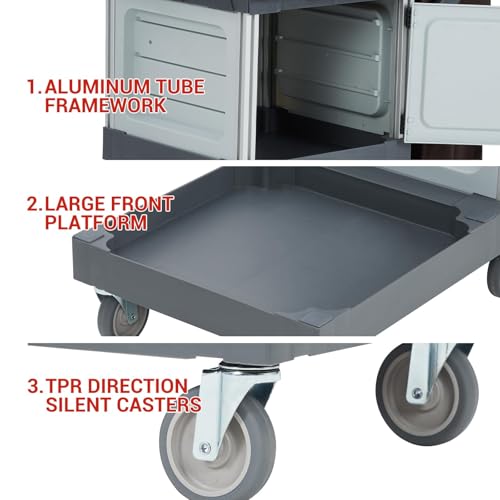Heavy-Duty Commercial Janitorial Cleaning Cart with Dual Cabinets, 3 Storage Shelves, Vinyl Trash Bag & Smooth-Rolling Wheels – Professional Housekeeping Trolley for Hotels, Schools & Apartments