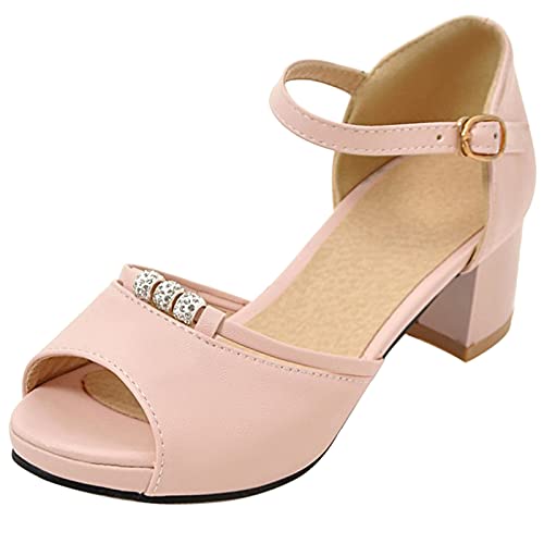Bviennic Mujer Verano Comfy Peep Toe Tacón Ancho Sandalias Bridal Sweet Lazos Plataforma Zapatos Correa De Tobillo Elegante Fiesta Vestido Rosa Talla 38 Eu-39Cn