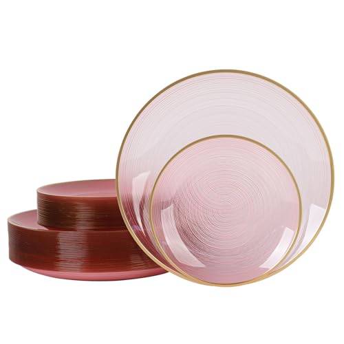 80pcs Disposable Clear Pink Plastic Plates With Gold Rim, Include 40-7 inch Dessert Plate and 40-10 inch Dinner-Plates for Party, Wedding and Birthday