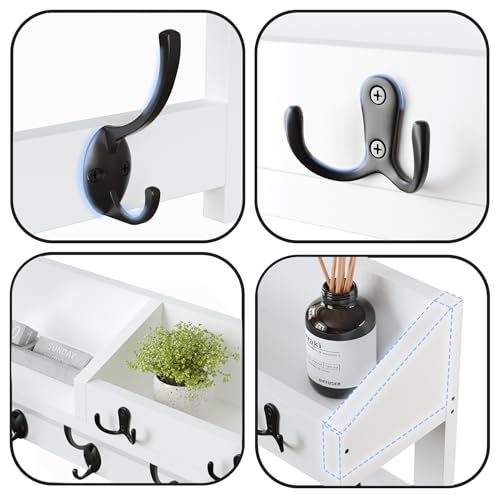 Image of AMBIRD Wall Hooks with Shelf, 26.57 Inch Entryway Wood Coat Hooks for Wall, Coat Rack Wall Mount with 5 Dual Hooks 3 Key Hooks Mail Organizer and Key Rack Holder (White)