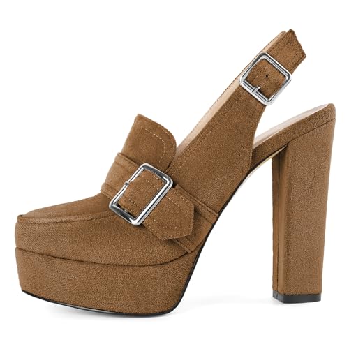 Image of Women's High Heel Loafers Platform Pumps Round Toe Heels Chunky Heel Pumps Stylish Comfortable 4.8 Inch Slingback Heels