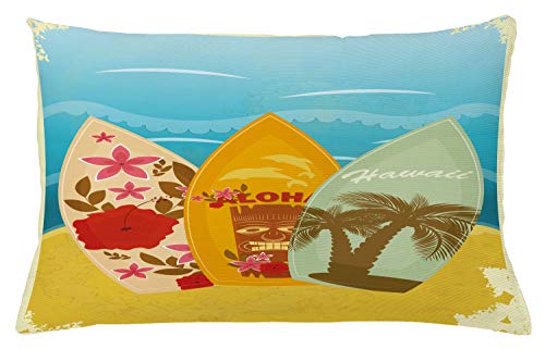 ABAKUHAUS Tiki Bar Funda para Almohada, Exótico Tabla De Surf, Material Lavable con Cremallera Colores No Destiñen, 65 x 40 cm, Multicolor