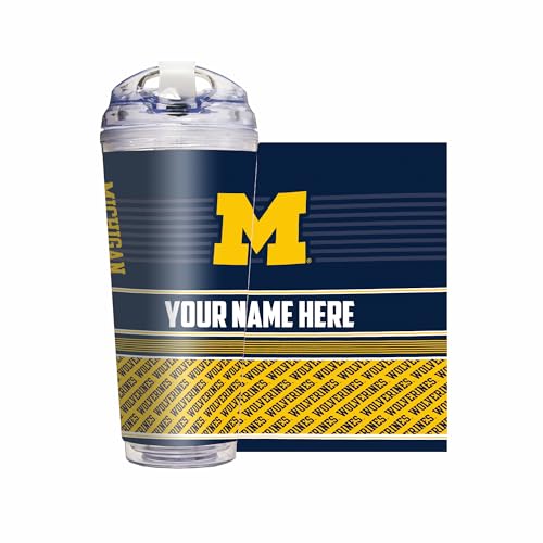 Rico Industries NCAA Michigan Wolverines Primary 24oz Personalized Tumbler W/Hinged Lid - Team Colored Travel Tumbler - Keeps Drinks Cold or Hot