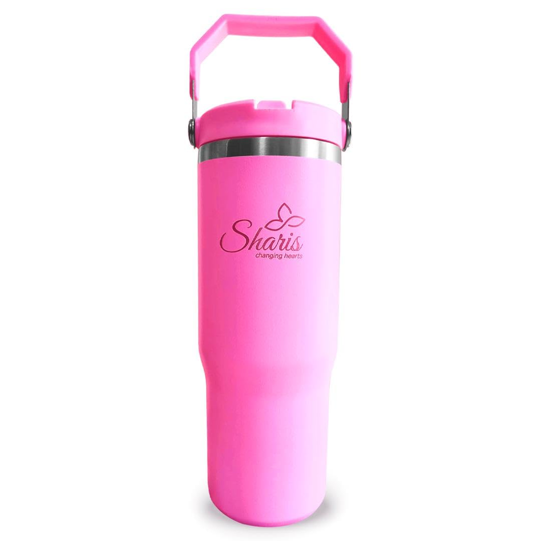 SHARIS Tumbler with Top Handle - Cute Water Bottle - Tumbler with Flip Straw - Water Bottle Fits in Car Cup Holder - 30 Oz - Insulated water bottle -