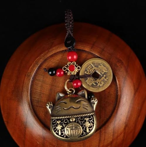 Yisinar Lucky Cat Charms,Maneki Neko Brass Cat Keychain With Feng Shui Coins,Buddha Statue Kitty Good Luck Charms