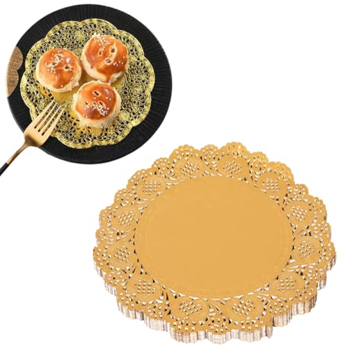 JchEnye 100 manteles Individuales Redondos de Encaje de Papel, Caminos de Mesa de Encaje de Papel Dorado Artesanal, manteles Individuales de Papel Decorativos para postres y repostería (4,5 Pulgadas)