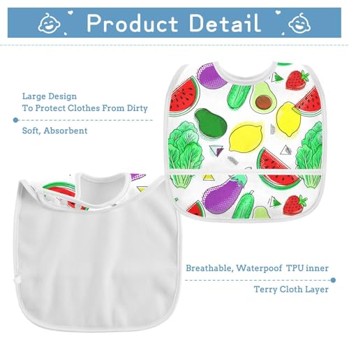 MCHIVER Veggie Fruit White Baby Bibs for tag1 Waterproof Feeding Bib Apron with Food Cather Adjustable Cotton Food Eating Bib 2 Pack3