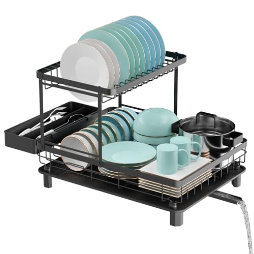 E-MANIS Escurridor de Platos, Escurreplatos sobre Fregadero de 2 Pisos, Escurreplatos con Drenaje Automático,con Estante de Vajilla Extraíble
