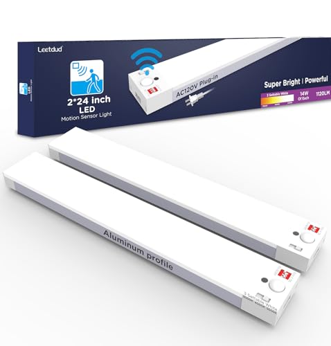 Image of Leetdud Under Cabinet Lighting Plug in 24 Inch, 120V Motion Sensor Lights Indoor, 3CCT 3000 /4000 /5000K, Aluminum Linkable Super Bright LED Counter Light with Timer for Kitchen, Closet, White, 2 Pack