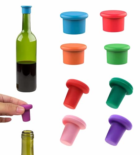 8-Pack Vibrant Silicone Wine Stoppers - Reusable, Airtight Champagne & Beer Bottle Sealer - Leakproof Beverage Savers for Wine, Sparkling Drinks, Soda (Multi-Color)