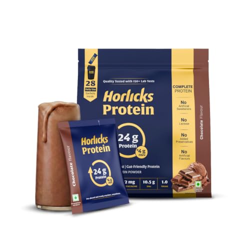 Image of Horlicks Protein Powder 1 Kg Pack| 24g Protein | 4g Fibre|Chocolate Flavour |28 Daily Use Sachets | Fermented Yeast Isolate | Gut-Friendly Protein | Complete | For Men & Women