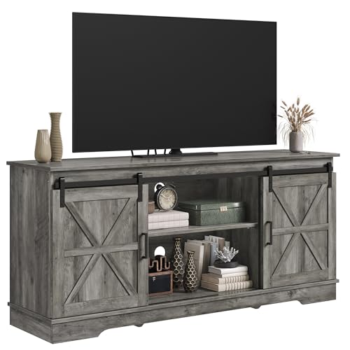 DWVO Farmhouse TV Stand for 55/60/65 Inch TVs, Entertainment Center with Storage Compartments & Sliding Doors, Media Console for Living Room and Gaming Area, Grey