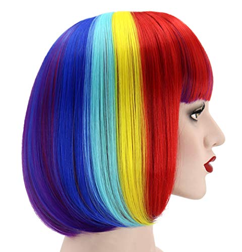Women's Rainbow Bob Wigs & 1 Free Hair Net, for Daily / Masquerade / Halloween Costume Party Cosplay Wigs, Heat Resistant Synthetic Short Straight Multi-Color Wig, With Bangs, Length 14''; H11CH
