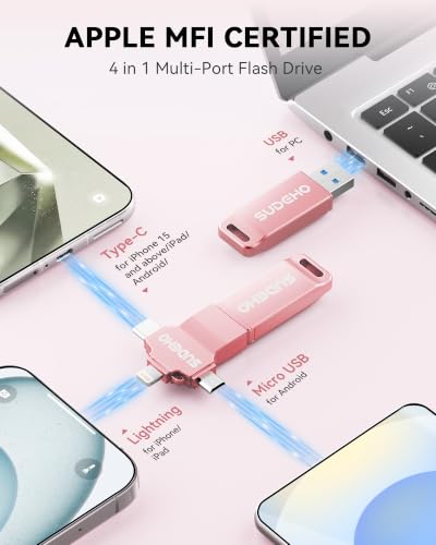 Image of MFi Certified Photo Stick 256GB USB 3.0 Flash Drive for iPhone, 4 in 1 External Memory Thumb Drive for Picture Video Saver and Backup, High Speed USB 2.0 Memory Stick for iPhone /iPad /Android /PC (Pink)