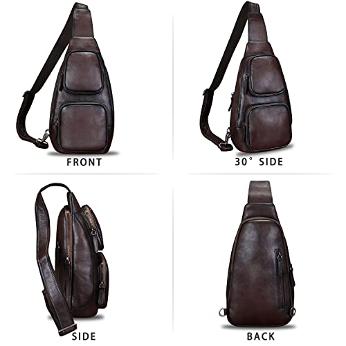 LRTO Genuine Leather Sling Bag Hiking Sling Backpacks Retro Handmade Crossbody Purse Chest Daypack Anti-theft Shoulder Bag (Coffee)4