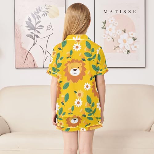 ALAZA Cute Lion Blossom Yellow Pajamas Satin Pajama Set Short Sleeve Button Down Sleepwear4