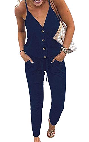 ZAMAC Mono con Cuello en V y Tirantes de Espagueti con cordón en la Cintura, Pantalones Largos para Mujer 870 Navy Blue M