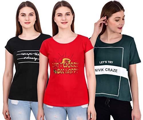 Image of MODISH women's round neck cap sleeve printed cotton t-shirts combo of 3 t-shirts