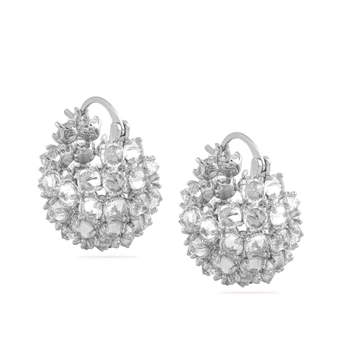 Image of Rubans Rhodium-Plated Cubic Zirconia Cluster Design Statement Hoop Earrings