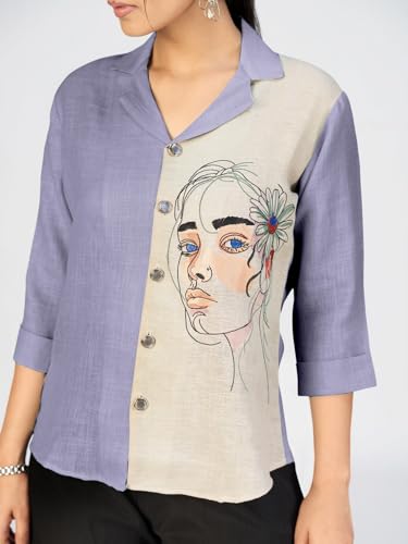 Image of Makhhi Wear Trendy Women's Sea Green & Beige Sketch Embroidered Casual Shirt for Women