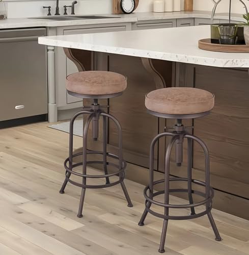 Butaco Industrial Ajustable de Altura, Giratorio 360° con Reposapiés, Asiento de Cuero Sintético y Base de Metal en Color Cobre, para Cocina, Comedor, Pub y Bistró, Juego de 2