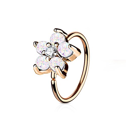 Rose Gold IP Plated Opal Glitter Set Flower Petals CZ Center 316L Surgical Steel WildKlass Hoop Ring for Nose & Ear Cartilage (White)