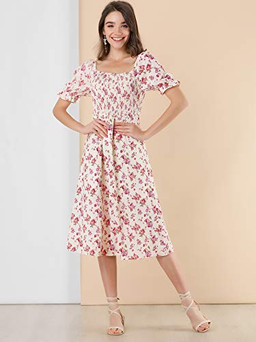 Image of Allegra K Women's Cottagecore Floral Dress Puff Sleeves Smocked Midi Dresses