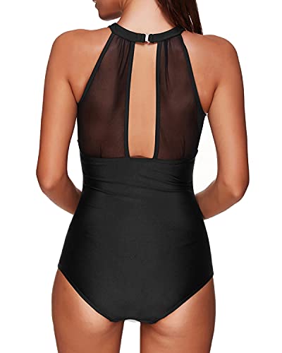 Image of Tempt Me Women One Piece Swimsuit Black High Neck Plunge Ruched Tummy Control Bathing Suit 0X