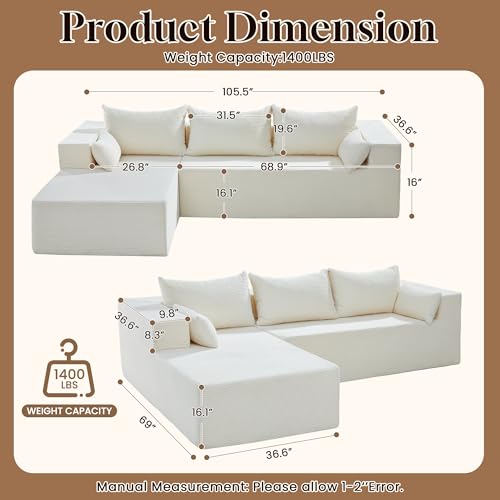 Image of 106 inch Cloud Sectional Boneless Couches for Living Room, Modular L Shaped Couch with Deep Seat Oversized Left Facing Chaise, Memory Foam Compressed Spineless 3 Seater Sofa for Bedroom Apartment, Beige