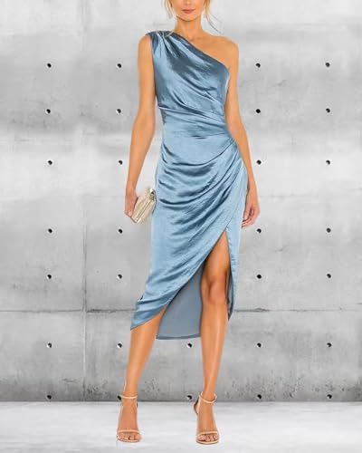 Image of Satin Bridesmaid Dresses for Women One Shoulder Prom Dress Pleated Midi Formal Cocktail Gown Wedding Guest Dress with Slit