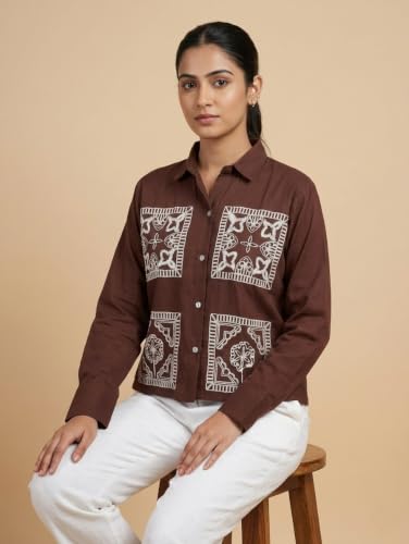 Image of Stylish Women's Embroidered Shirts | Geometric Pattern Half Sleeve Collared Button-Up Casual Shirt for Women