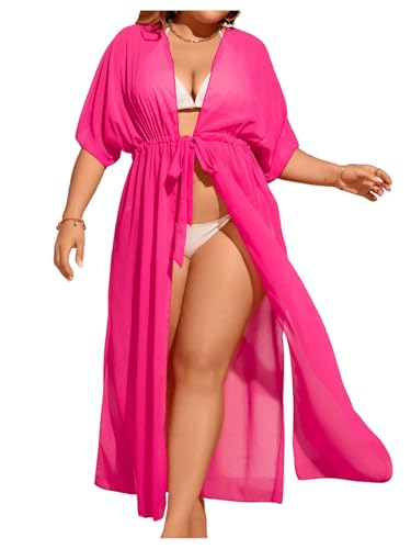 OYOANGLE Women's Plus Size Short Sleeve Beach Kimono Drawstring Waist Flowy Long Cardigans Cover Ups